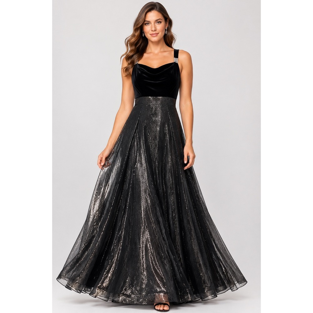Betsy & Adam Gown Womens 4 Black Velvet Metallic Rhinestone Formal Dress 4127